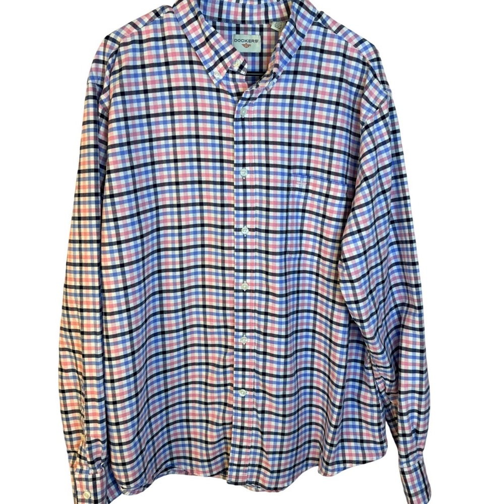 Dockers Mens XL Long Sleeve Button Down Shirt Pink Blue Plaid Cotton Regular Fit